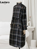 Autumn Winter Long Loose Warm Plaid Wool Blends Trench Coat for Women Raglan Sleeve Belt Double Breasted Woolen