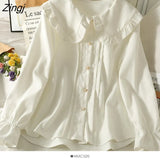 Sweet Peter Pan Collar Blouse Women Korean Preppy Style Puff Sleeve White Shirts Office Lady Elegant Design Button