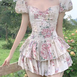 Party Mini Dresses Ladies Cute Bodycon Kawaii Beach Vintage Dress Boho Print Puff Sleeve Club Outfits for Women Summer