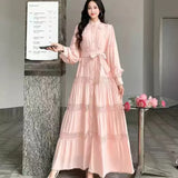 Gentle Style Dress Spring Dress Design Hollow Lace Splicing Bubble Sleeve Dress Holiday