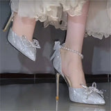 Women 2025 Summer New Pointed Fine Thin-Shoe Butterfly Wedding Shoes Ribbon Pearl Chain Hollow