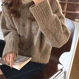 Women 2023 Autumn New Knitted Warm Casual Long Sleeve Cardigan Slim Female Popular Pure Single Breasted Brown