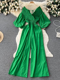 Women V-Neck Wide Leg Ruffle Jumpsuits Female Sexy Puff Short Sleeve High Waist Slim Vacation Beach Romper