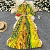 Women's Niche Elegant Dress New Hollow Nail Ball Neck-To-Celing Waist-Print Folding Long