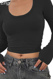 Women Spring Fall Long Sleeve Tees Tops Low Cut O-neck Slim Fit Causal Pullovers Female Streetwear Base T-Shirts
