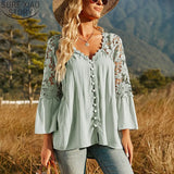 Hollow Out Crochet Lace Shirt 2023 Fashion Women Tops Solid V-neck Shirts Flare Sleeve Loose Blouse Casual Blusas