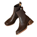 Autumn New High-Winded British Style Short Boots Woman Retro Brown Square Head Thick And Elastic Thin Boots Socks