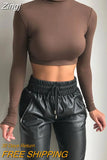 Turtleneck Long SLeeve White Sexy Crop Tops Casual Fashion T Shirts Black Women Autumn Winter Tees Brown