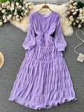 Autumn Women Draped Chiffin Dress Femael Vintage Round Neck Puff Long Sleeve High Waist A-Line Loose Pleated Robe