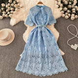 Retro High-End Squealing Hook Lace Dress Women's Summer Waist Thin Temperament A-Word Fairy