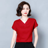 Lady Solid V-neck Blouse Women Summer 2023 Short Sleeve Casual Silk Satin Shirts Casual M-4XL Loose Tops Clothes