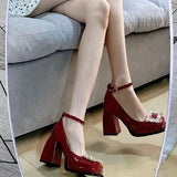 Height Height Red And Mary Treasure Shoes Engagement Shoes Show Toast Thick Heel Does Not Tired Wedding Shoes Daily Single