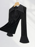 Zingj Earth Wind Unique Top Show Waist Short Black POLO Pointed Collar Draw Rope Horn Sleeve Shirt Forest Witch