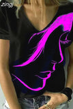 2023Fashion Women's Tops Abstract Portrait Painting T Shirt Loose Print V Neck Basic Tops Black / 3D Print Shirt