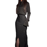 Zingj 2023 New Fashion Temperament Elegant Heavy Industry Diamond Split Hip Skirt Set-Outfit