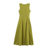 New Linen Solid Color Sleeveless Collar Fan Flute Dress
