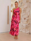 Women's New Printed Dress Fashion Sexy Slanted Shoulder Folded Empty Dress