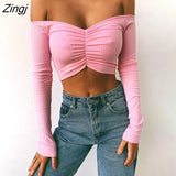 Women Solid Color Skinny Slim Fit Sexy Off Shoulder Long Sleeve V neck T Shirts Spring Autumn Short