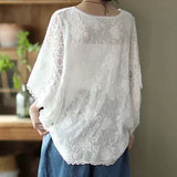 Embroidery Summer Blouse 2023 Loose Butterfly Bat Sleeve Lace Shirt Woman Hollow Solid Fashion Women Blouses Tops