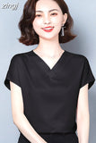 Blouses for Women Fashion Satin Casual T-shirt Solid V-neck Womens Tops Silk Elegant Short Sleeve Blouse Women