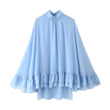 Blue Chiffon Half-High Collar Horn Sleeve Dress Loose