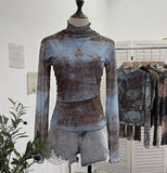 Shooting Denim Pattern Dye Printing Retro Babes Thin Mesh T-Shirt High-Necked Long Sleeve Bottom Shirt Top