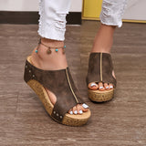 Slope And Fish Mouth Cool Slippers Women Summer New Rivet Pine Cake Thick Bottom High Heel