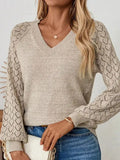 And Winter Sweater Women's Clothing Solid Color Knitting Long-Sleeved Hooks And Flowers Loose V-Neck Bottom