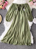 Women Slash Neck Long Sleeve Midi Dress Female Yellow/Red/Pink High Waist Ruffle Big Swing Chiffon Robe Fashion 2023