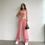 Women's New Hottie Wearing Sports Vest Braids High-Rise Broad-Legged Trousers Casual