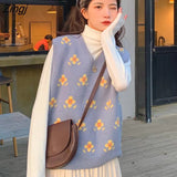Vest Women Blue Sleeveless V-neck Floral Jacquard Elegant Korean Style Knitting Spring Autumn All-match College