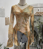 Shooting Ribbon Mesh Yarn Leaf Side Retro Print V Collar Horn Sleeve Top Spring And Summer Short Repair T-Shirt