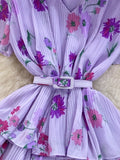 Women Floral Ruffle Pleated Long Dress Vintage V-Neck Short Sleeve High Waist Tierred Maxi Robe Vacation Beach