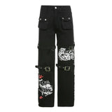 Cloth Forget Autumn Dark Black Personality Street Pocket Open Fork Straight Pants Print Casual Denim Hanging
