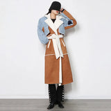 Zingj New Long Denim Splicing Lamb Wool Coat Female Lapel Waist Show Thin Temperament Fashion