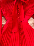 Vintage Women Long Dress Elegant Bow Collar Lantern Sleeve Single Breasted Pleated Maxi Vestidos Female Red/Purple