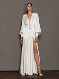 Evening Dress Women 2022 New Autumn Sexy Open Fork Lantern Sleeves Thin Famous French-Style Fasting Long