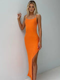 Ribbed Knitted Sexy Backless Split Maxi Dress for Women Summer Holiday Sleeveless Straps Bodycon Dresses