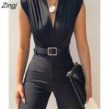 V Neck Black Rompers Women Sexy Slim High Waist Elegant Female Overalls 2023 Spring Sleeveless Bodycon Ladies