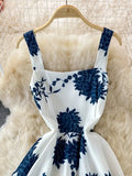 Blue Floral Midi Dress For Women Elegant Square Collar Spaghetti Strap Robe Female High Waist Big Swing Vestidos