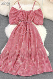Vintage Women Spaghetti Strap Plaid Dress Female Elegant Short Puff Sleeve High Waist A-Line Casual Vestidos New