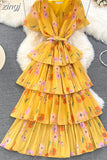 Women Floral Ruffle Pleated Long Dress Vintage V-Neck Short Sleeve High Waist Tierred Maxi Robe Vacation Beach