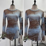 Tie-Dye-Print Net Yarn Jersey Long-Sleeved Top Irregularly T-Shirt With Thin Short T-Shirt