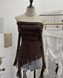 Shot A Word Shoulder Folded Top Girl Spring And Summer Side-Sleeve Strap Design French Long-Sleeved Mesh T-Shirt