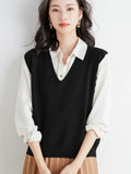 Zingj Blend 2024 Autumn / Winter New Ladies Loose V-Neck Solid Color Short Cover Vest Knit Vest Vest-Outfit