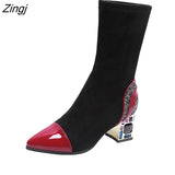 Short Boots Woman Mid Calf Boot Elastic Fabric Rhinestone Square Heel Women's Winter Shoes Black Female