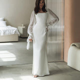 Zingj New French Temperament Square Collar Stitching Mesh Micro Through Horn Sleeve Waist Show Thin Pure Color Fish Tail Dress-Outfit