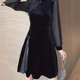 Style Dresses Women Black Sequined Velvet Mesh Vintage Mandarin Collar Club Party Vestido Feminino Oriental Elegant