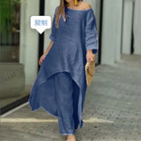 New Women's Cotton And Cotton Fashion Casual Large Code Irregular Long-Sleeved Set Of Wide Leg Pants Two