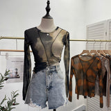 Sun Dyed Elastic Mesh Yarn T-Shirt Stacked With Long-Sleeved Top Press Line T-Shirt